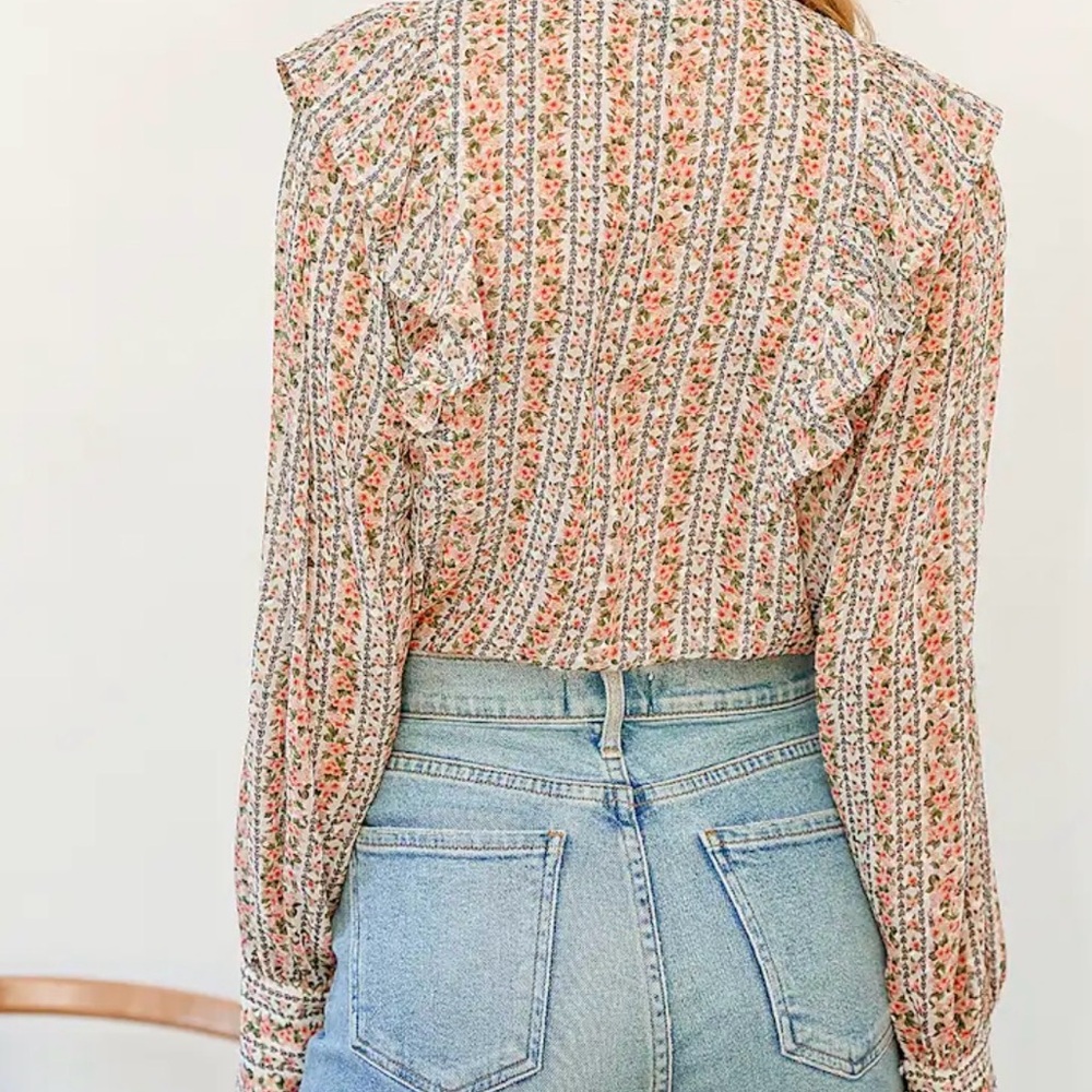Floral Print Ruffled Button-Up Top - Picture 6 of 6